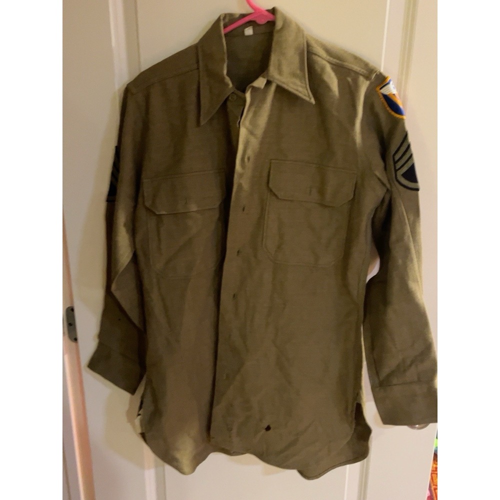 WWII USAAF 4th Air Force Staff Sergeant OD Wool Flannel Shirt Original 14.5x32